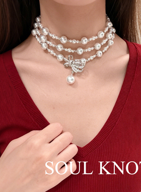 小香风澳白蝴蝶结珍珠毛衣链