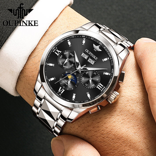 瑞士认证品牌新款商务男表小三针月相表盘全自动机械表钢带男十大