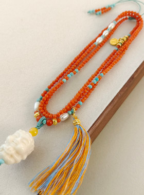 南红项链珍珠金膏玉佛头吊坠礼物