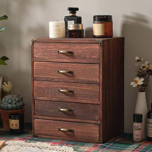 桌面收纳柜化妆品杯子桌上置物架复古抽屉式学生整理盒木质盲盒柜 - 图1