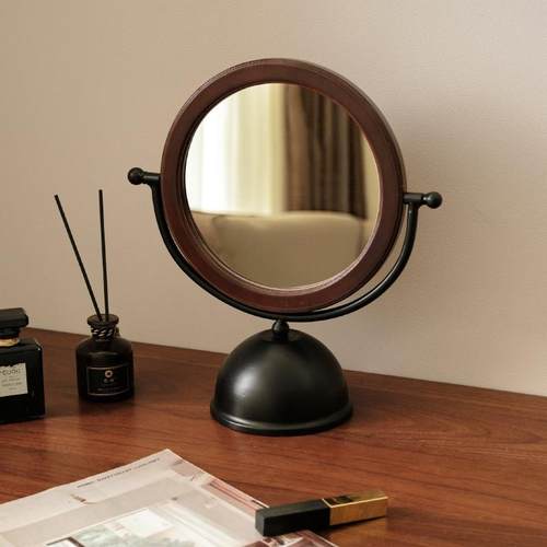 家用梳妆镜2025新款卧室圆形化妆镜梳妆台镜子时尚复古旋转立式镜 - 图2