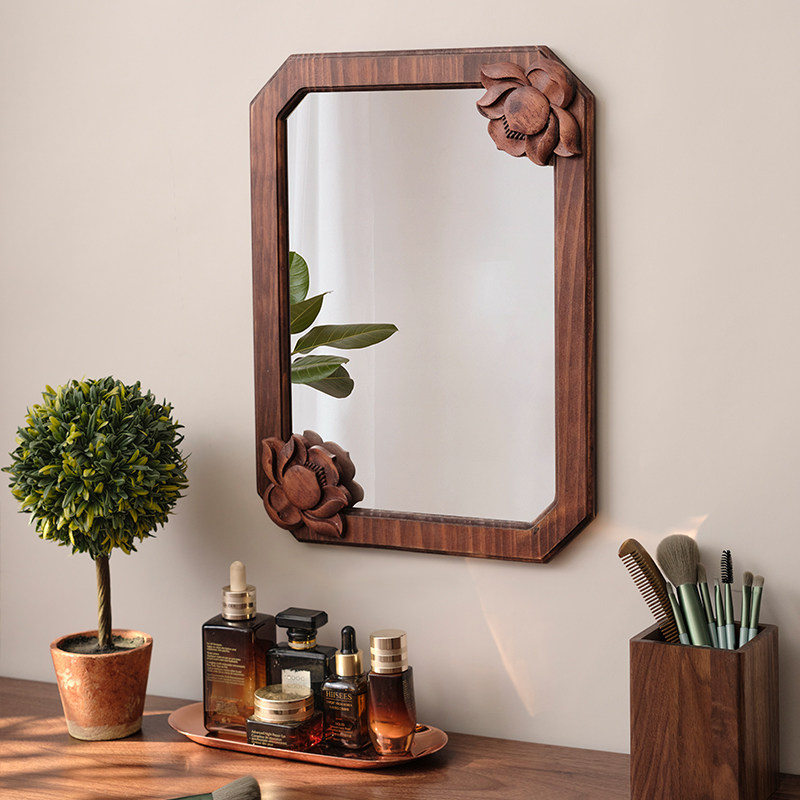 复古实木化妆镜梳妆台大号桌面家用台式挂墙网红雕花卧室装饰镜子,淘宝优惠券,粉丝福利购,淘宝优惠卷