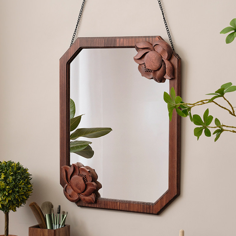 复古实木化妆镜梳妆台大号桌面家用台式挂墙网红雕花卧室装饰镜子,淘宝优惠券,粉丝福利购,淘宝优惠卷