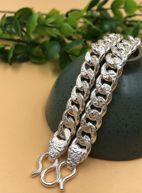 梦至尊S999男士项链单扁实心银链福男款足银个性霸气潮人约77克长