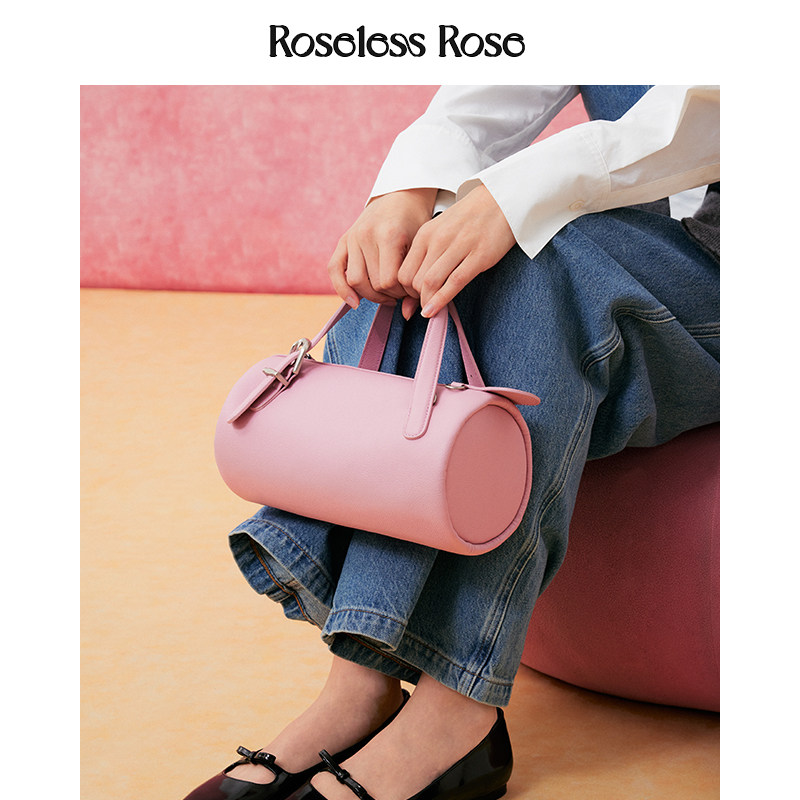 RoselessRose新款牛皮立体圆筒包手提斜挎单肩腋下牛仔包女水桶包