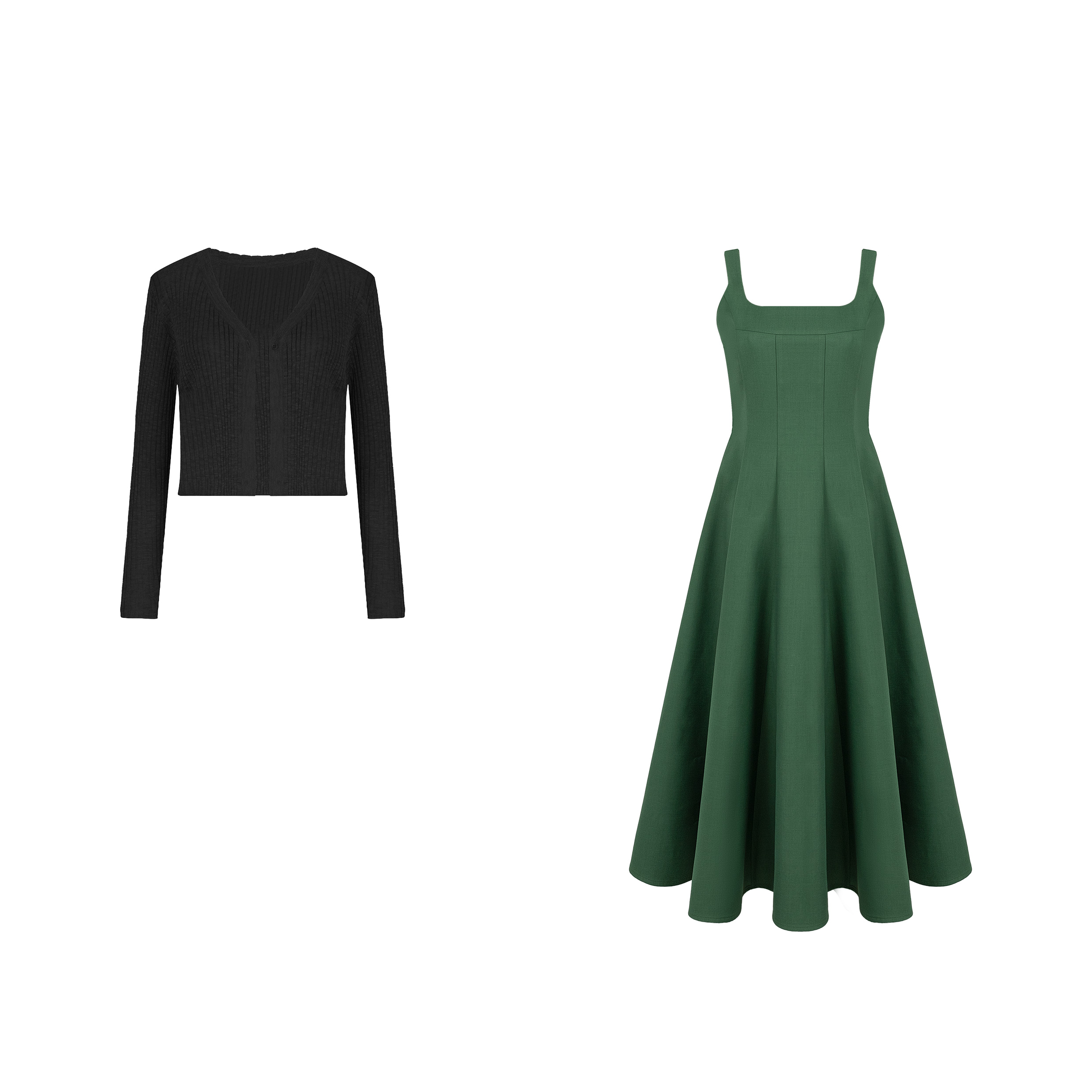 乔拉【新翡冷翠】秋季新款复古百搭绿色方领无袖吊带连衣裙开衫女 - 图2