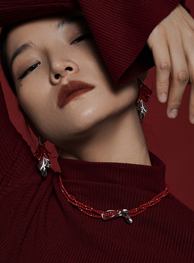 vk饰品【曳尾】鱼尾轻摆红色多层项链轻奢氛围感时尚耳饰高级百搭