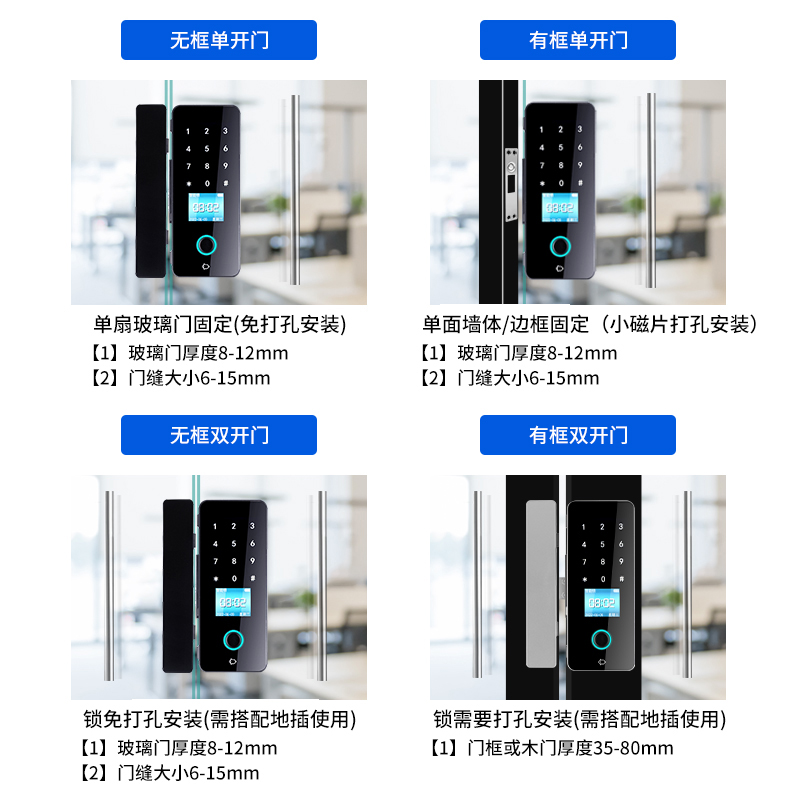 玻璃门指纹锁有框无框免开孔办公室单门双门智能密码锁公司电子锁 - 图1