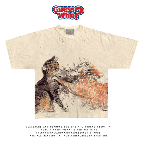 萬物All Nature 暴躁猫咪系列插画原宿风tee男女同款潮牌短袖t恤 - 图0