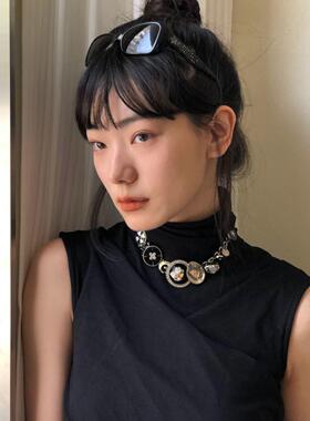 落日珊瑚黑色镶嵌花粉水晶情侣项链小众设计重工饰品锁骨链