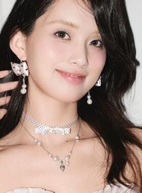 波点控miu系~缎面蝴蝶结耳环长版珍珠高级耳夹甜美风粉波点耳饰