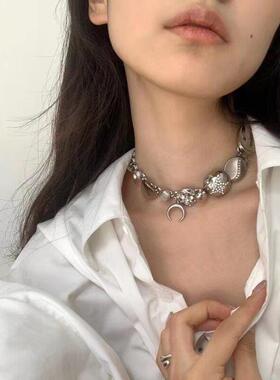 《冷萃月光》银色镶钻小众设计感项链男女通用