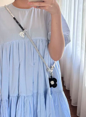 自制黑白碎花布艺手机绳拼接撞色串珠包带挂件