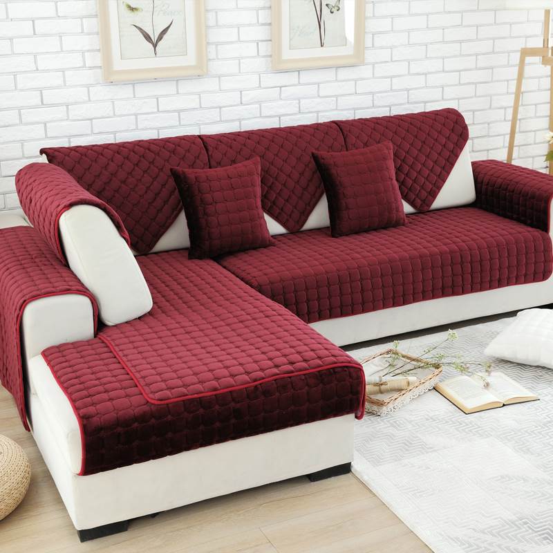 超柔短毛绒酒红色沙发垫防滑办公室厚坐垫简约现代扶手靠背巾枕套