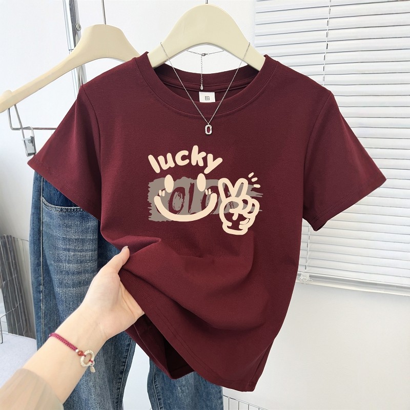 可爱卡通印花短袖t恤女2026新款夏季正肩设计感时尚酒红色上衣ins