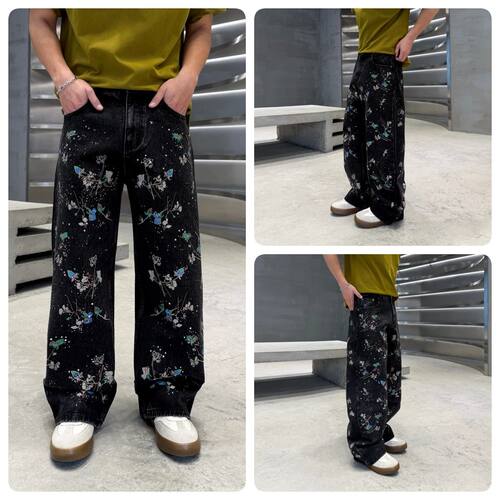 New 2026 Men's Loose Straight Leg Bla Waed fiti Splatter Emb - 图0