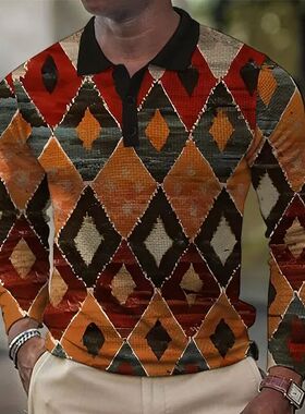 Men's 3D Printed Retro Plaid Pattern Golf Shirt Long Sleeve