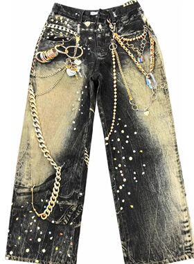 High Street Punk Style Chain Jeans Pants Men's Heavily Washe