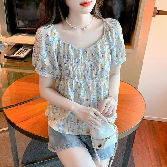 шифоновая женская летняя рубашка с короткими рукавами и цветочным принтом