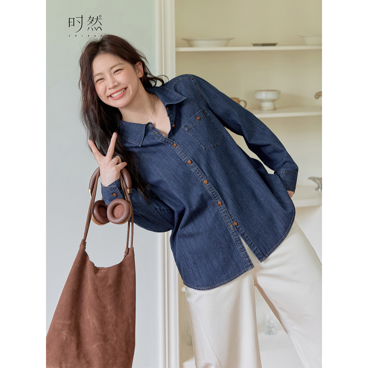 时然大码女装复古丹宁牛仔衬衫25秋季新款遮肉显瘦微胖MM纯棉长袖,淘宝优惠券,粉丝福利购,淘宝优惠卷