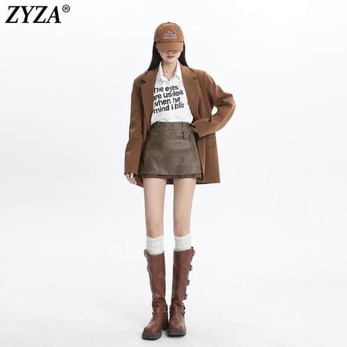 ZYZA美式超短裙复古辣妹PU皮半身裙女春夏新品A字裙皮裙包臀裙子 - 图0