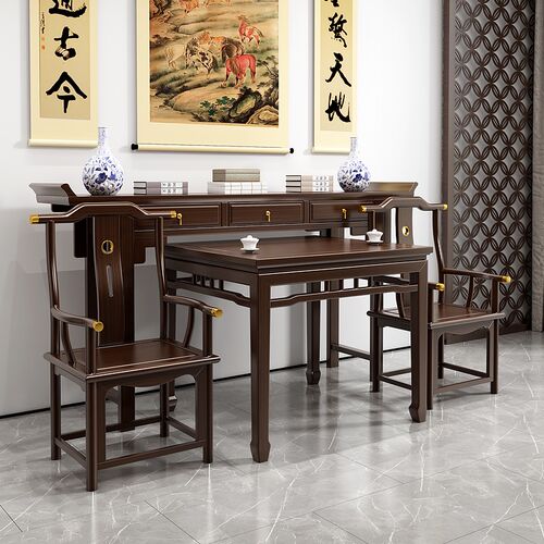 新中式实木中堂六件套家用八仙桌农村神台堂屋家具供桌条案翘头桌 - 图0