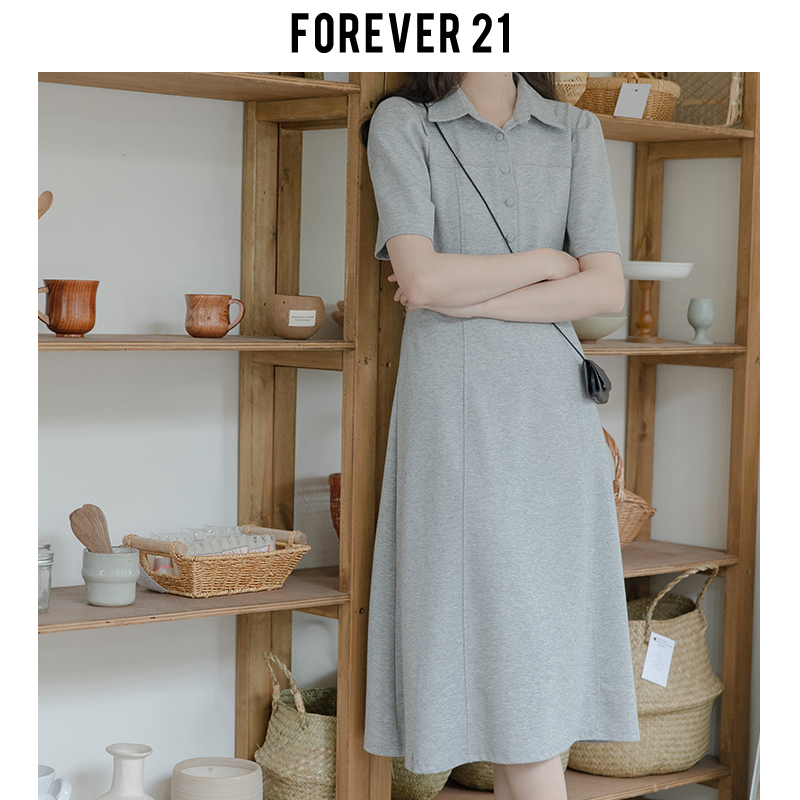 Forever 21日系学院风polo领连衣裙女早春灰色泡泡袖收腰中长裙子-图2