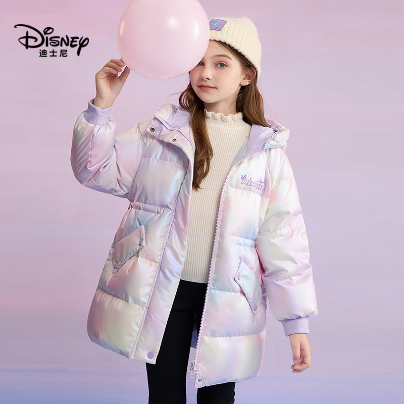 disney迪士尼女童羽绒服冬季加厚连帽炫彩外套中长款洋气保暖上衣