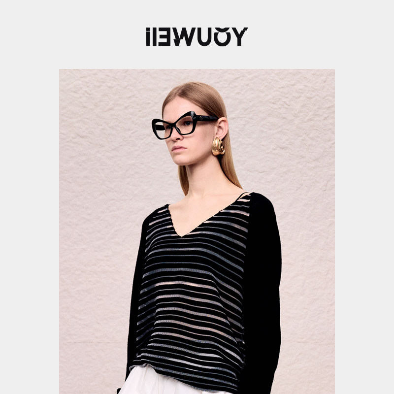 YOUWEI有尾2024秋季条纹透感V领套头衫女针织衫Y2024307,淘宝优惠券,粉丝福利购,淘宝优惠卷