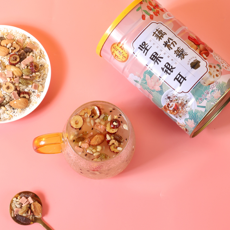 新品 堅果銀耳藕粉羹阿膠蓮藕粉營養早餐沖泡代餐食品500g罐裝_心懷仁德旗艦店_傳統滋補營養品