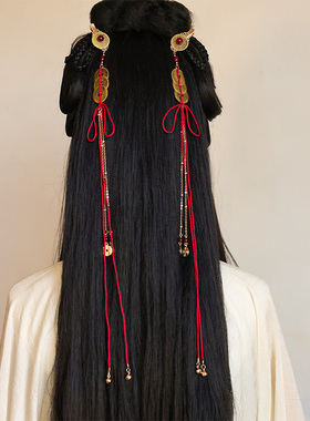 财神发饰古风发财铜钱发夹新年红流苏簪子蝴蝶结对夹过年喜庆配饰