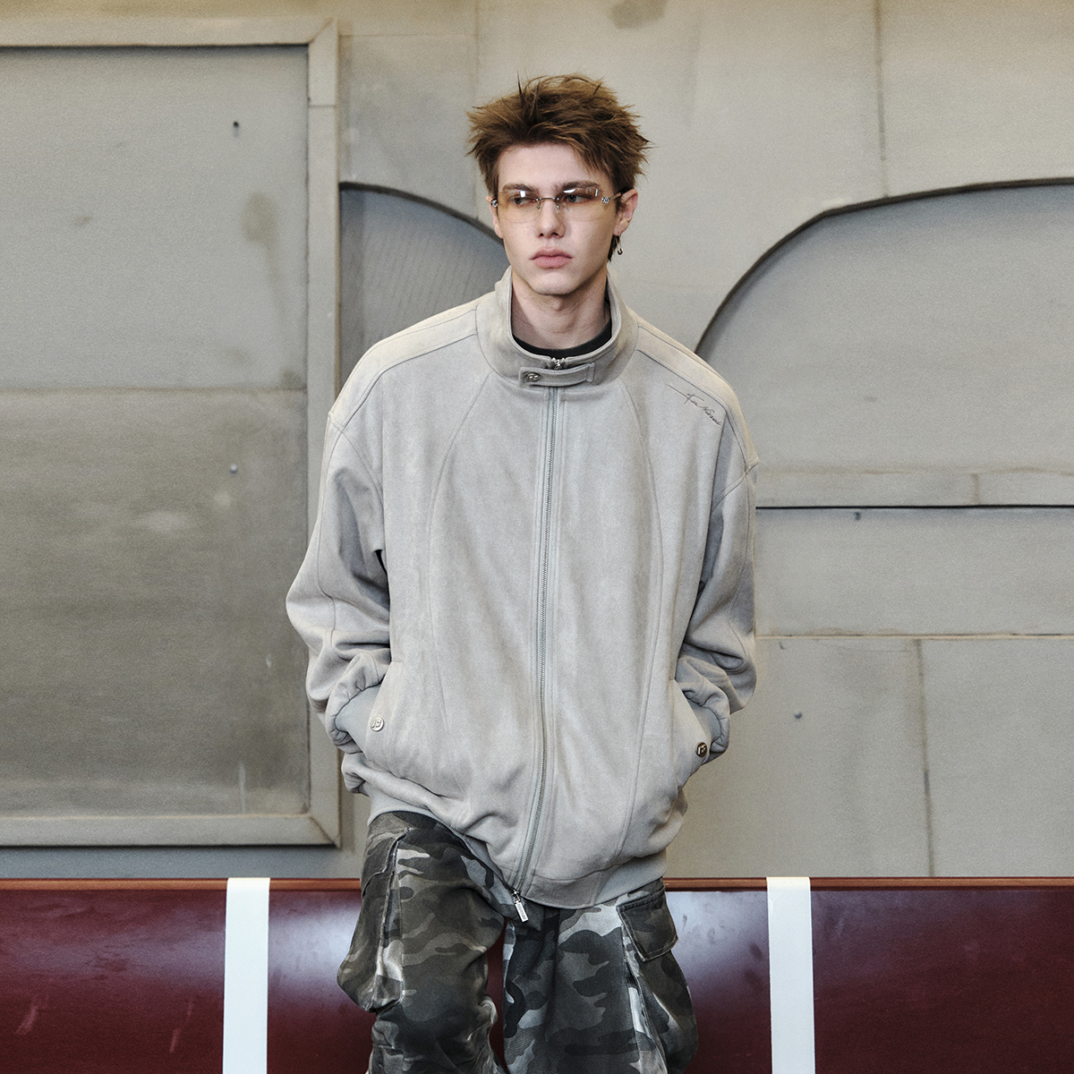 FORNINES复古麂皮绒刺绣开衫外套男潮牌美式高街春秋情侣立领夹克 - 图2