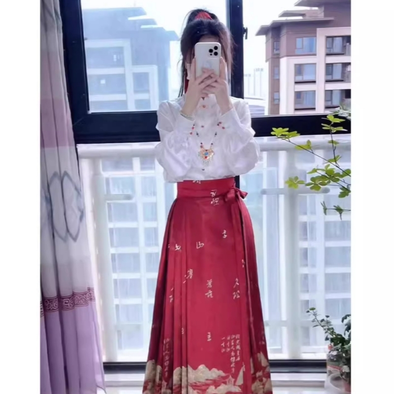 新中式国风女装套装春秋大码胖mm显瘦高级感衬衫马面半身裙两件套-图1