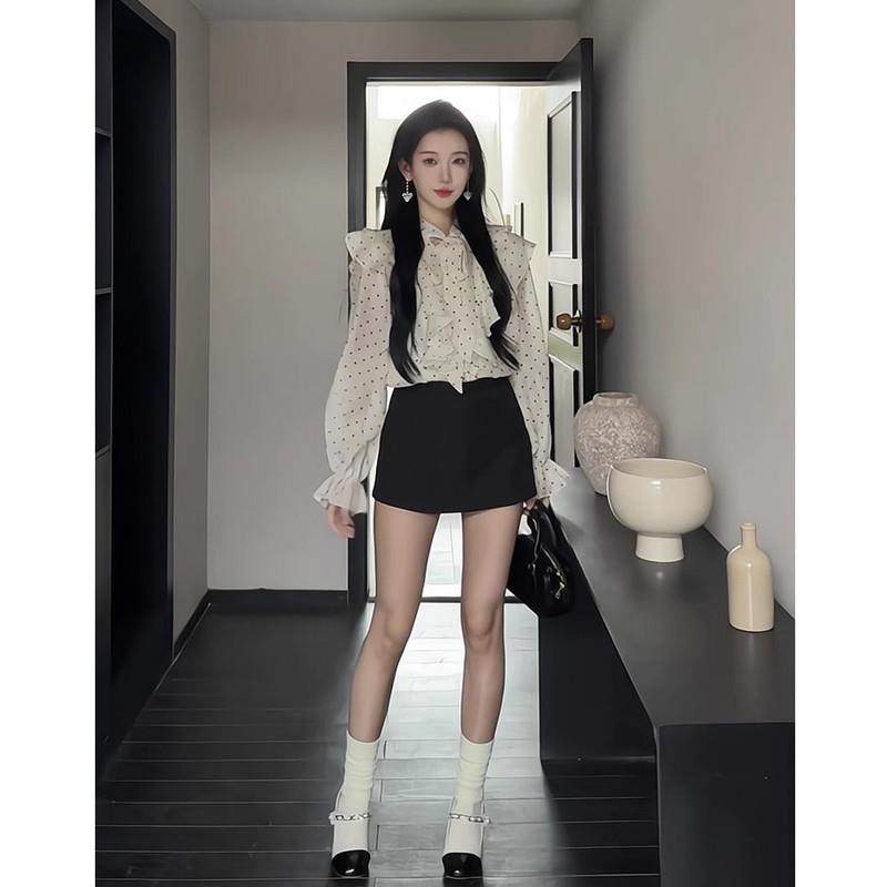 超仙V领荷叶边蝴蝶结波点衬衫女春秋显瘦宽松雪纺衫内搭长袖上衣,淘宝优惠券,粉丝福利购,淘宝优惠卷