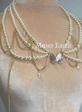 腰腿链蝴蝶公主腰链身体链氛围感设计仿珍珠链条闪bling配饰腰带