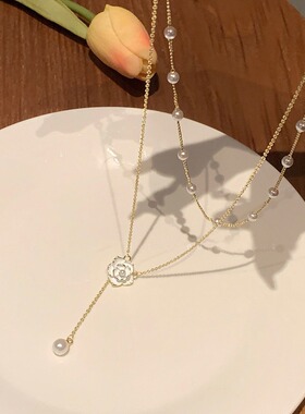 珍珠铜十字链女山茶花项链