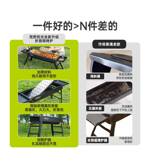 荒野拾光烧烤炉子家用烧烤架户外便携304不锈钢烤肉炉子炭炉烤串 - 图0