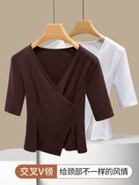 2023 new deep v collar t-shirt woman coffee color asymmetry downswing cross collar waist blouse mid-sleeve undershirt woman