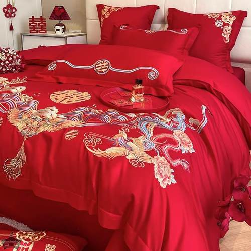 中式龙凤刺绣婚庆四件套大红色床单被套纯棉全棉高档结婚床上用品-图0