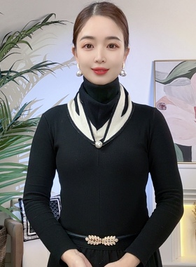 【予凡】韩版秋冬针织磁扣拼色三角巾女士时尚围巾