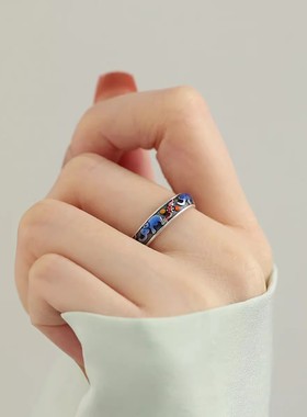 925银复古新中式珐琅彩滴釉景泰蓝吉象戒指环开口调节百搭高级感