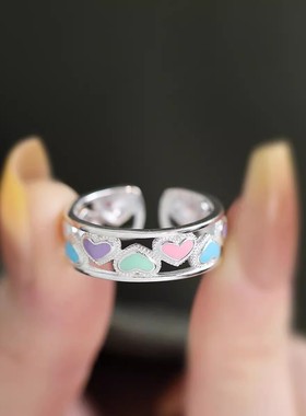 925银复古新中式多巴胺彩色爱心戒指环开口调节民族风女小众设计