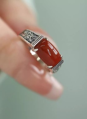 925银复古新中式卷草纹方形南红马鞍戒指环开口调节民族风高级感