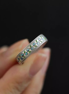 925银复古新中式珐琅蓝杏叶戒指环开口调节小众设计民族风女百搭