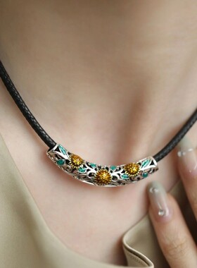 925银复古新中式弯管太阳花向日葵吊坠项链女简约小众设计高级感