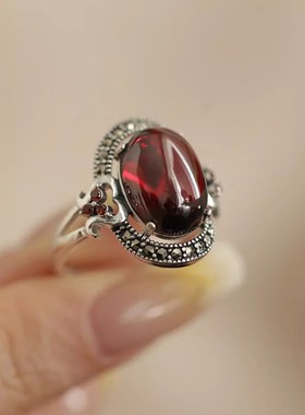 925银复古新中式琥珀镂空边钻蛋面戒指环开口调节做旧民族风女士