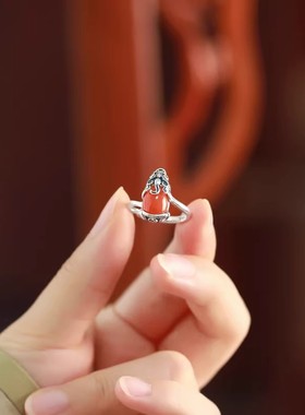 925银复古新中式景泰蓝南红貔貅戒指环开口调节百搭民族风高级感