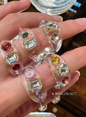 HALOkrACC韩代s水钻 撞色多巴胺甜酷透明彩色亚克力果冻戒指