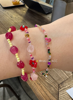 HALOkrACC韩国东大门 浆果原石森林系红花芙蓉石串珠手链