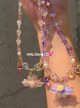 HALOkrACC韩代s水晶 流光溢彩椰果小熊 丝带玫瑰甜美桃心串珠项链